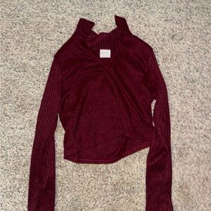 Maroon long sleeve crop top deep V neck